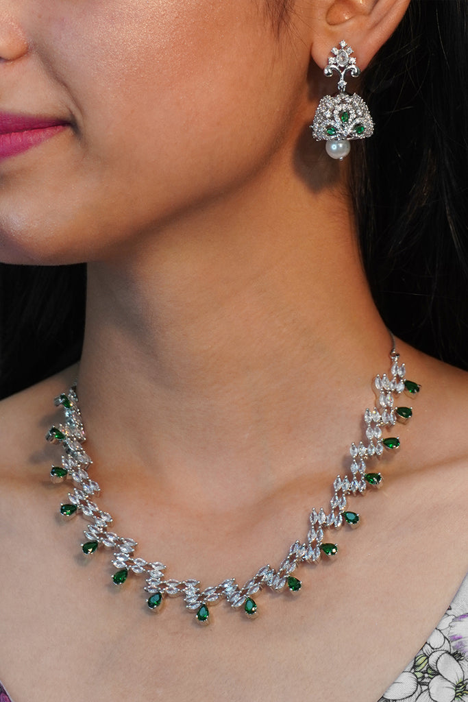 Silver Rhodium Plated Green American Diamond Necklace With Jhumka