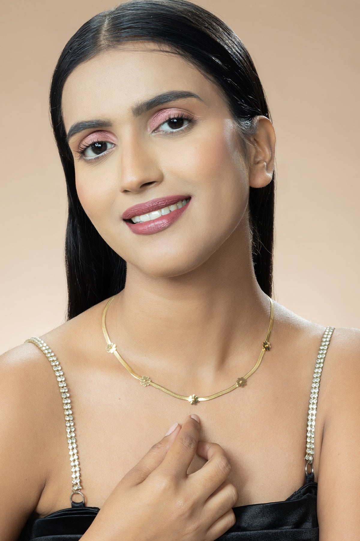 Gold Toned Snake Chain Necklace with Floral Leaves Design