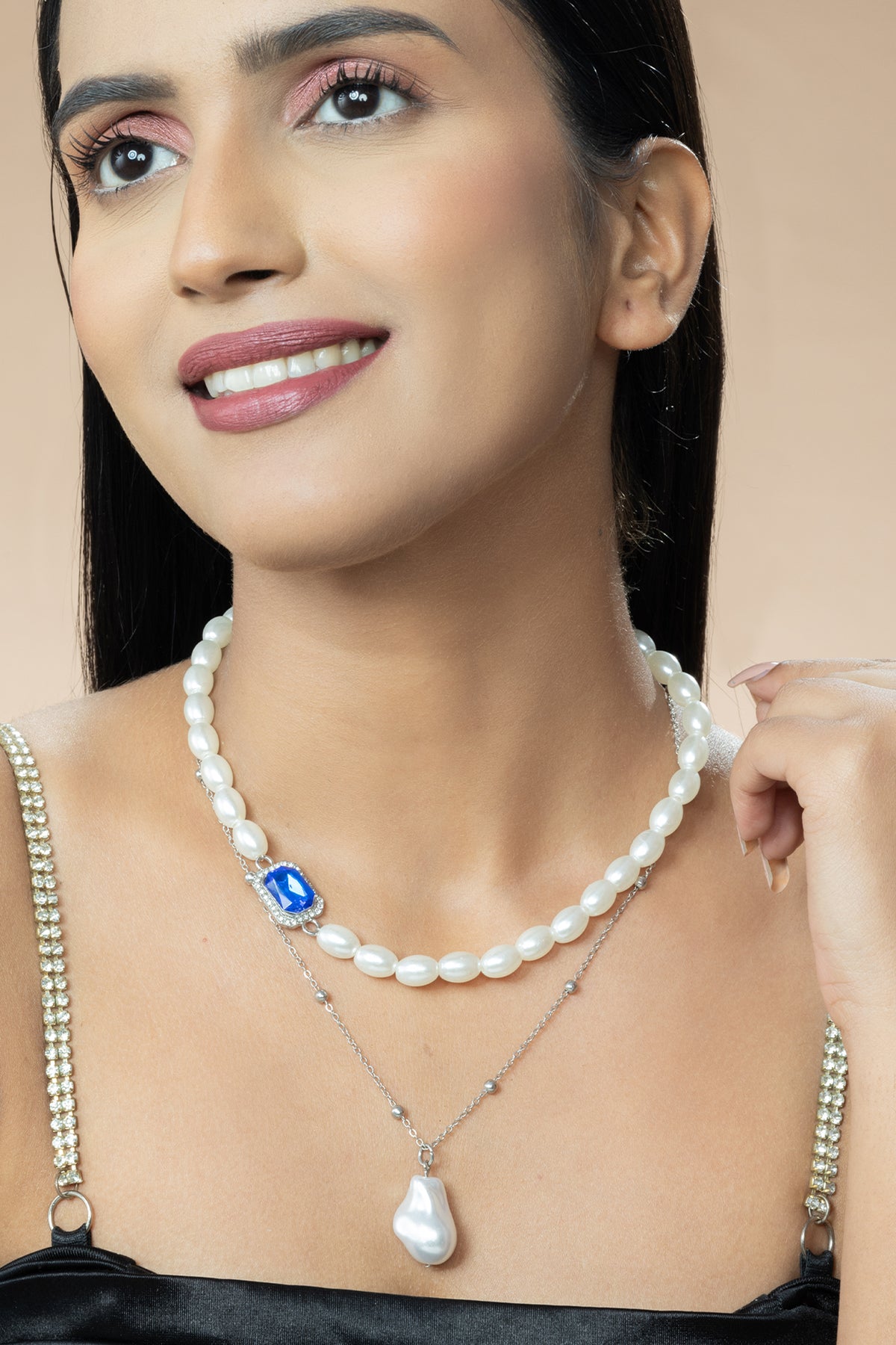 White Pearl Necklace with Royal Blue Crystal Accent