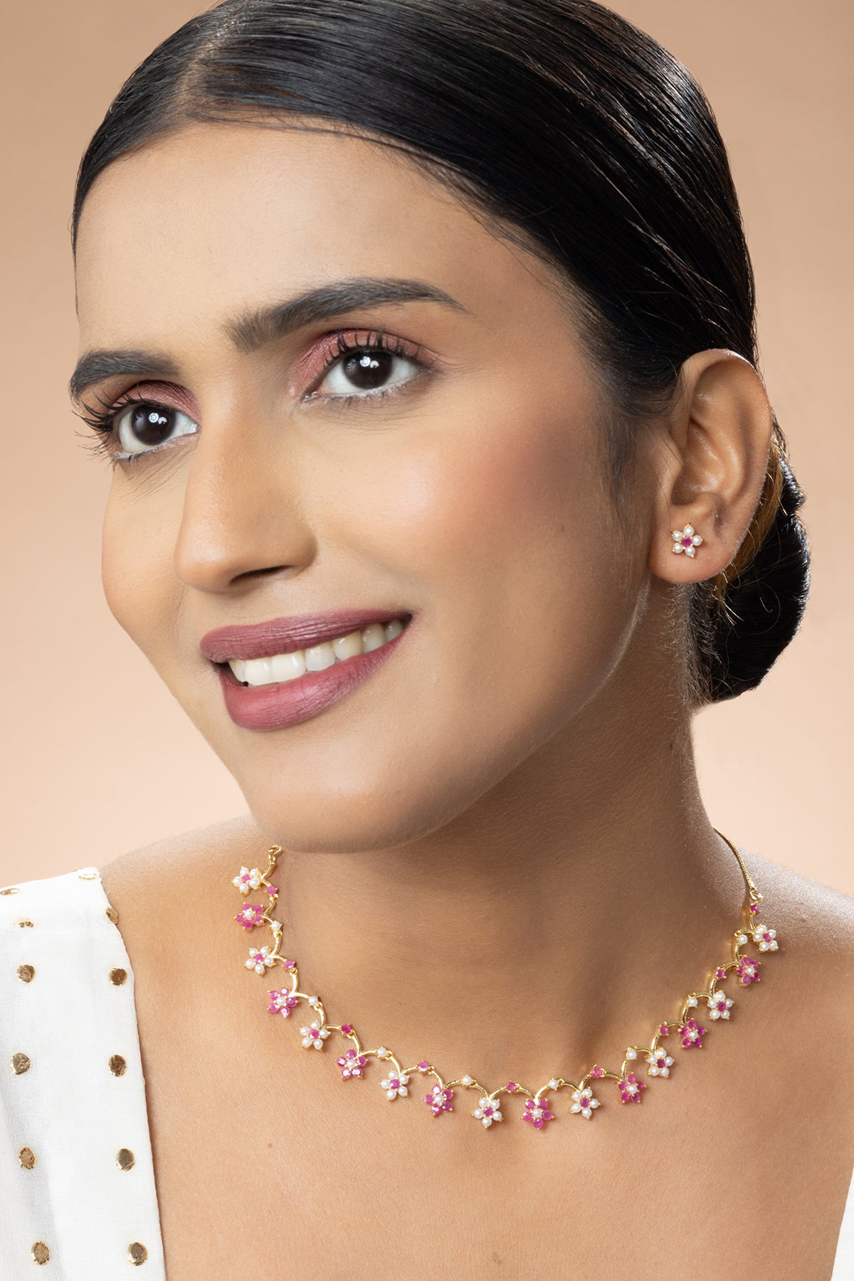 24K Gold Plated Pink Stone and Pearl Floral Necklace with Earrings Set