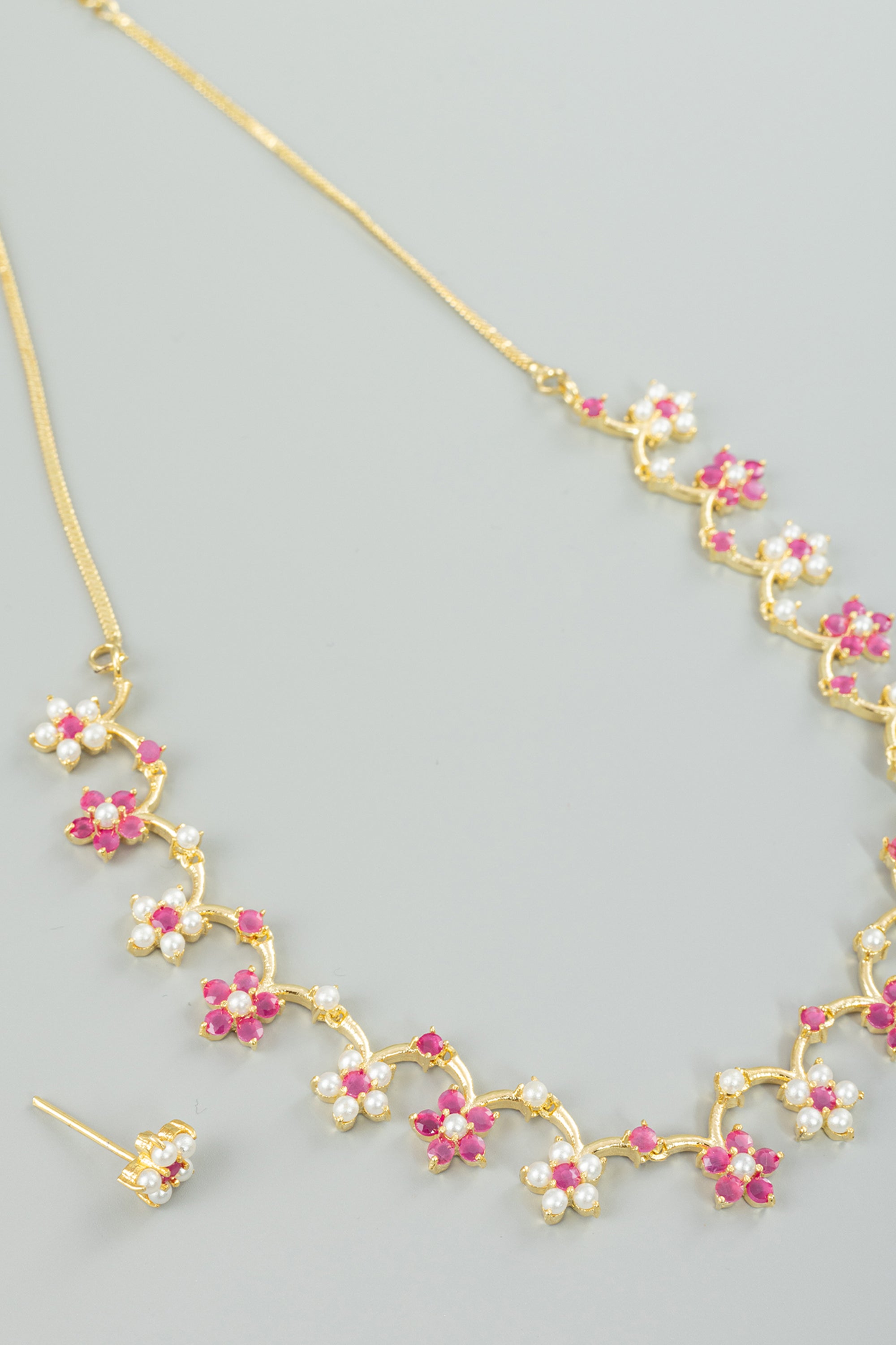 Gold Pink Stone and Pearl Floral Necklace Sterling Silver