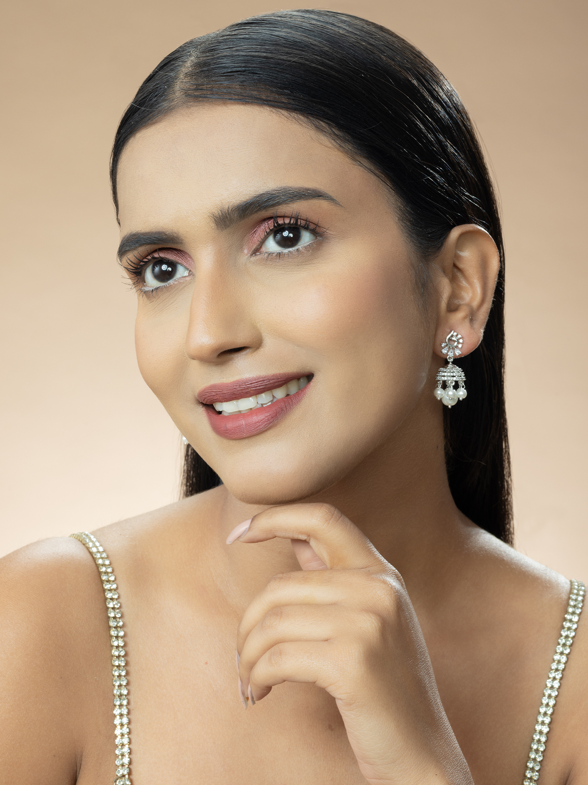 Rhodium-Plated White American Diamond Jhumkas Studded with Cz-Stones
