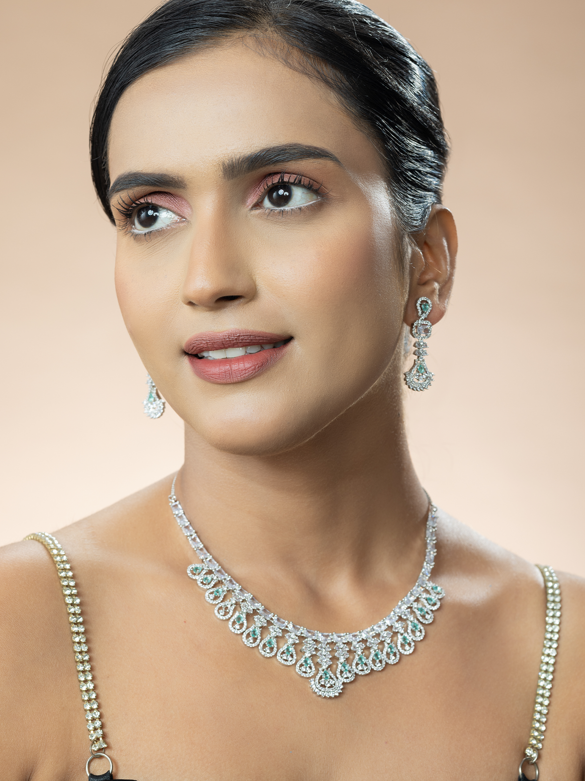 American Diamond Necklace & Earrings Set with Mint Green Water Drop Stones