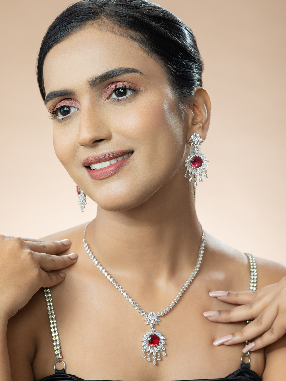 American Diamond Necklace Earrings Set with Red Zircon Stones and Rhodium Plating