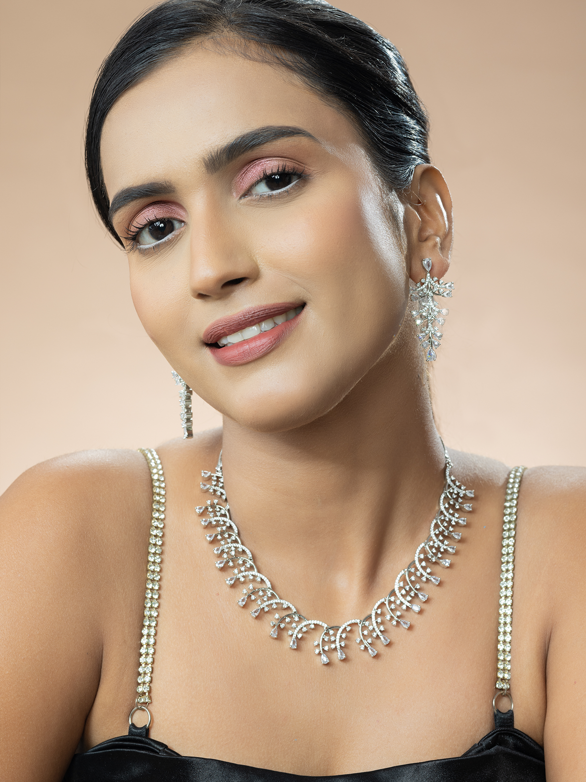 White American Diamond Petal Designed Necklace Set with Earrings