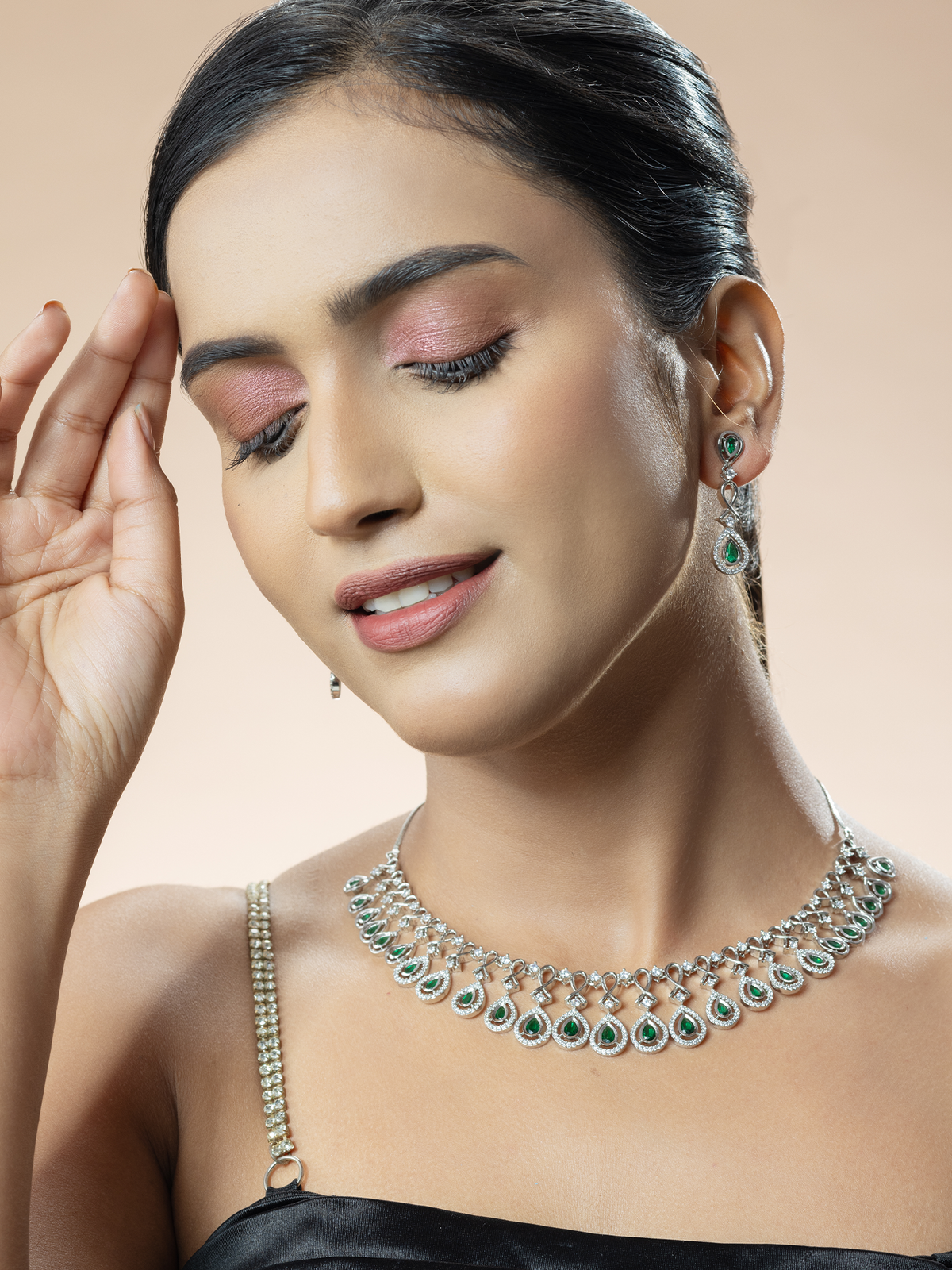 American Diamond Necklace with Green Cz-Cubic Zirconia Stone Earrings Set