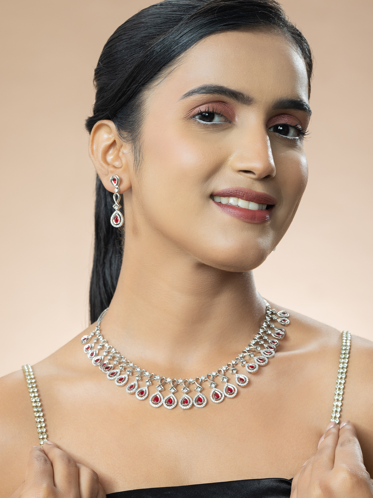 American Diamond Necklace with Ruby Red Cz Stone Earrings Set