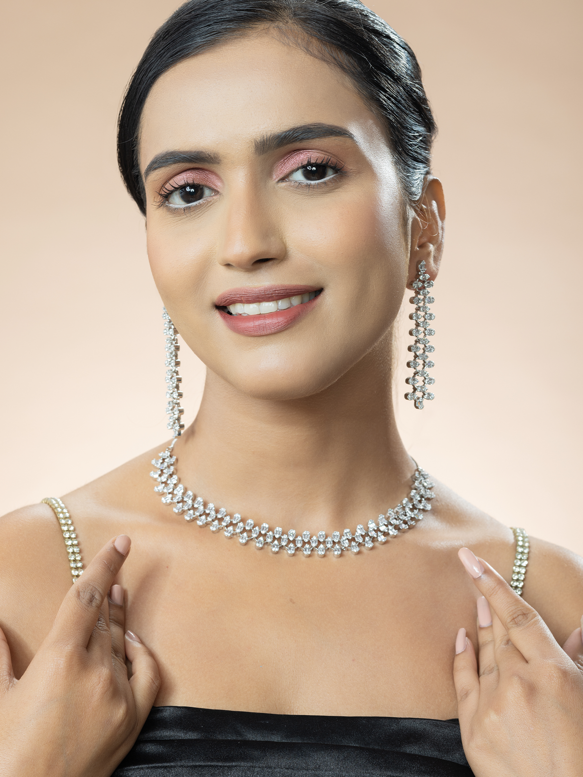 Radiant White American Diamond Cz Necklace with Latest Design Earrings Set