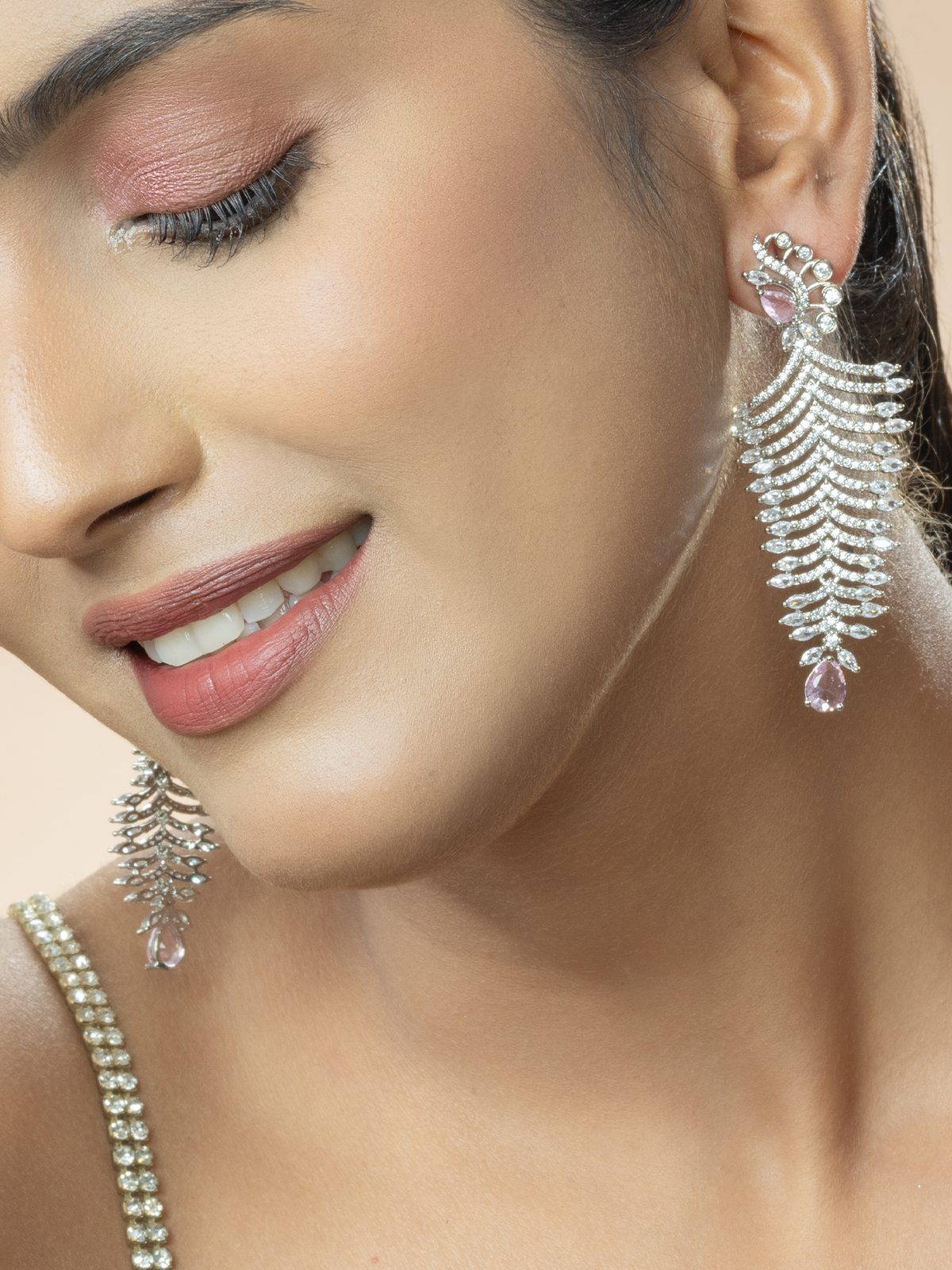 Exquisite American Diamond Leaf Danglers with Pink Water Drop Cz-Zircon Stones