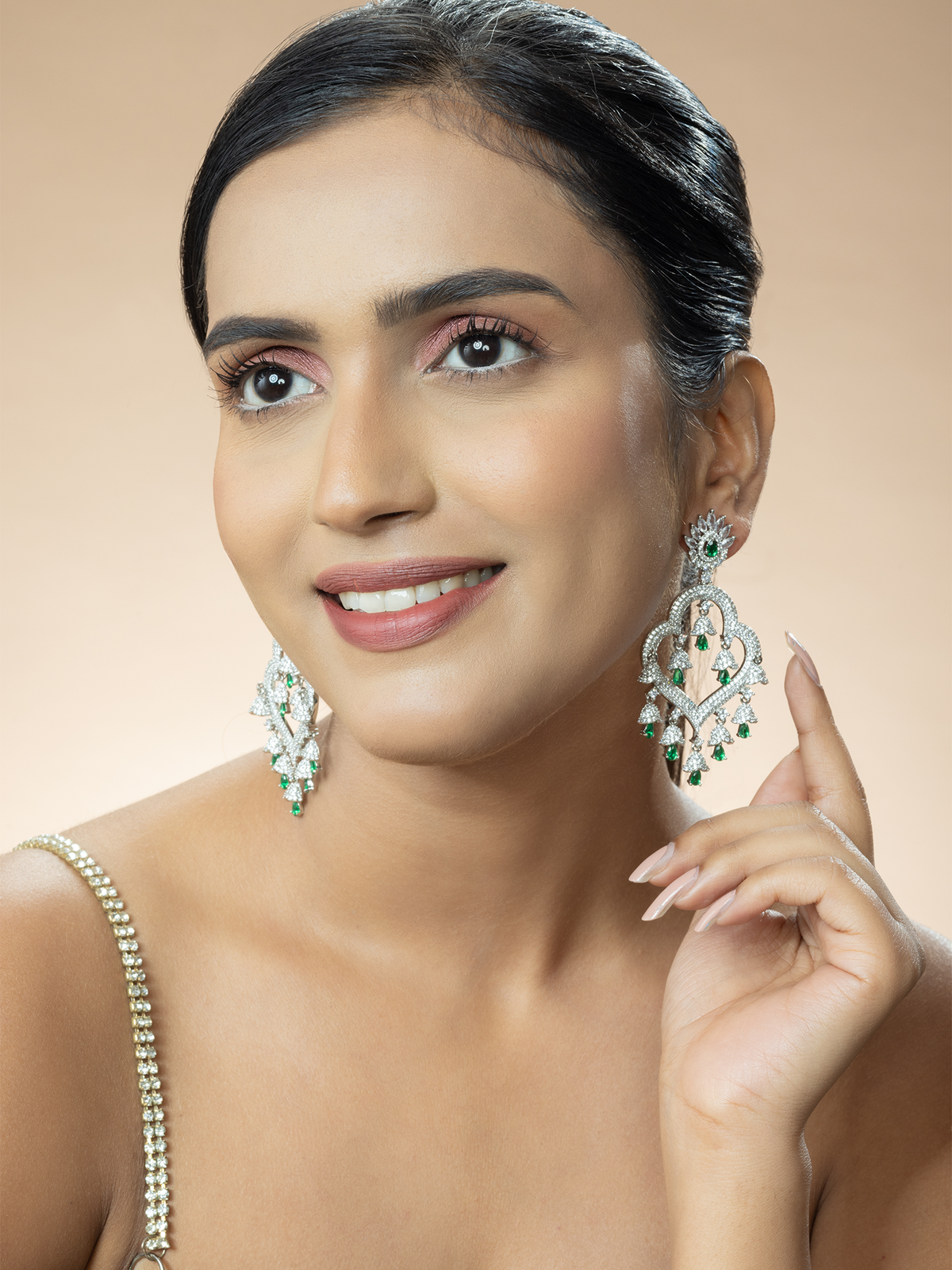 Green American Diamond Danglers Earring with Drop Cz-Zircon Stones