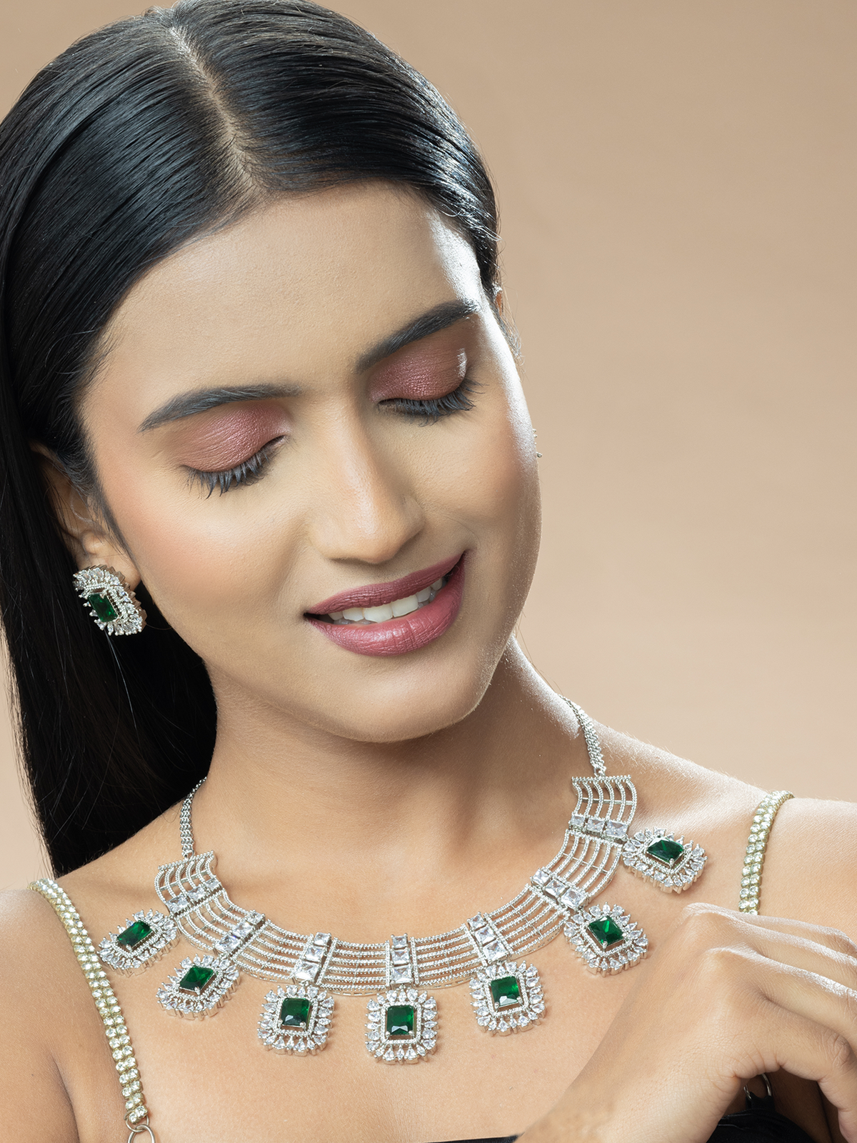 Silver-Plated American Diamond Necklace and Earrings with Green Zircon Stones