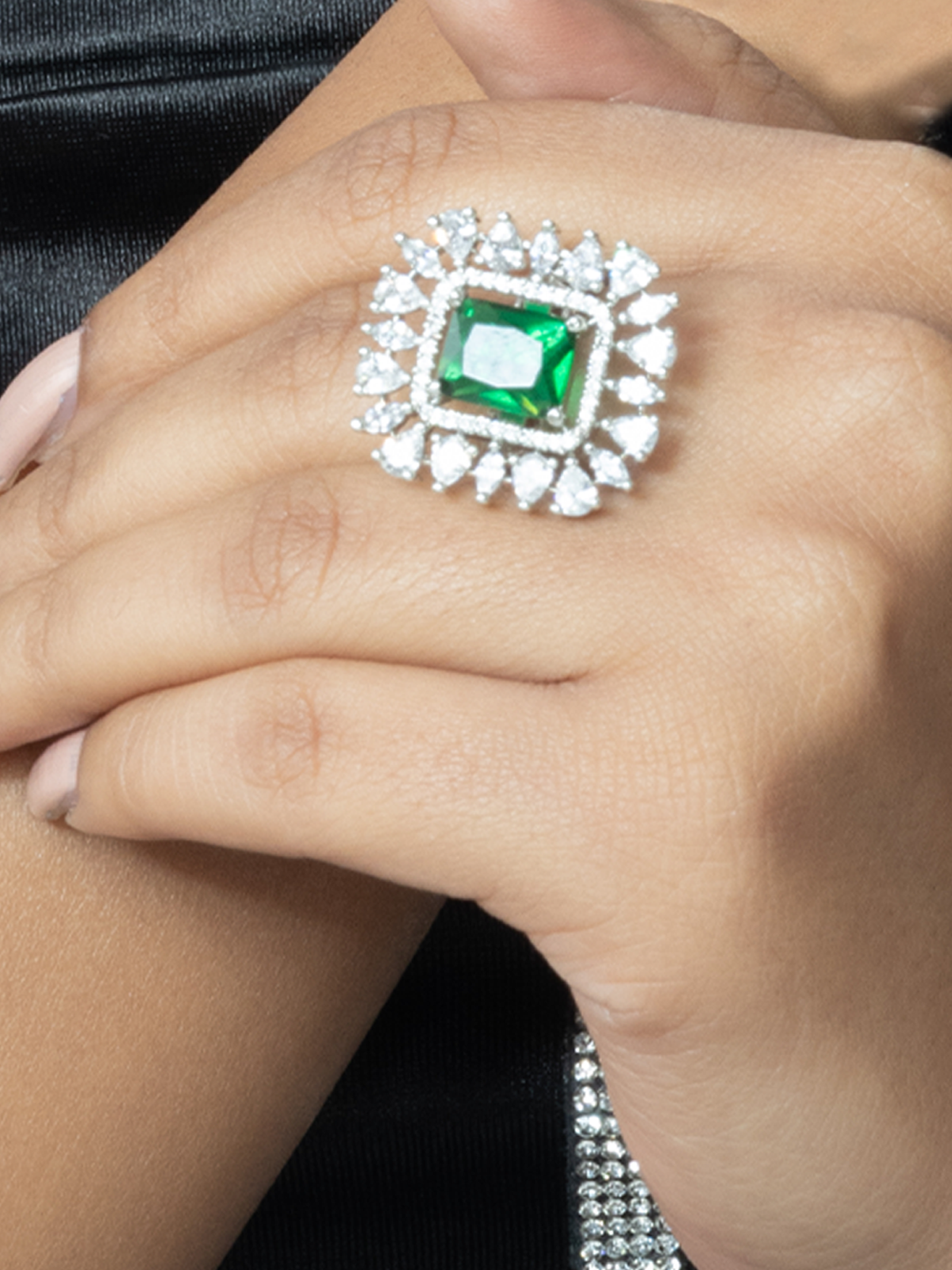 Silver-Plated American Diamond Ring with Green Zircon Stones
