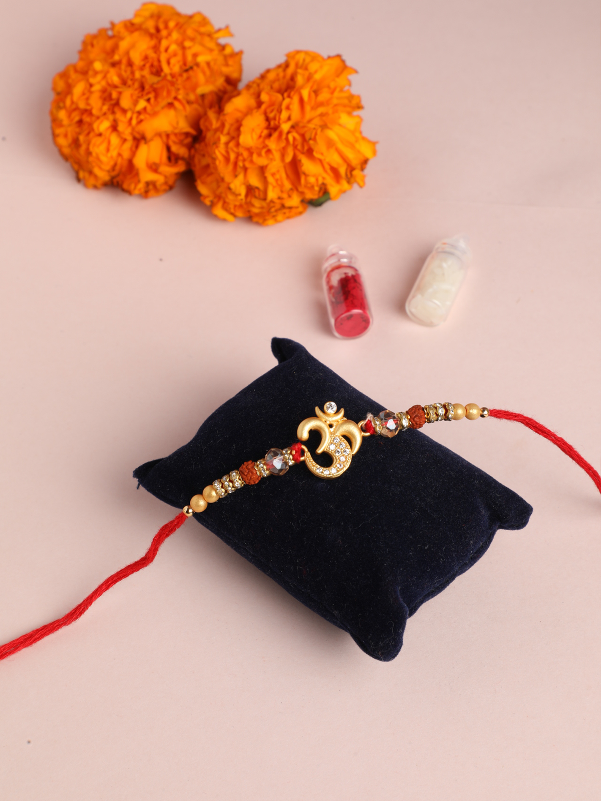 18k Gold Plated CZ Om Rakhi with Chandan and Rudraksh Beads