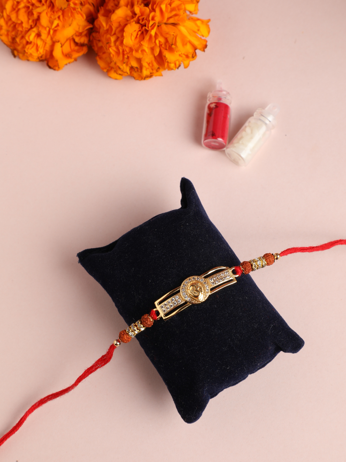 18k Gold Plated Om Band Style Rakhi with Cz and Rudraksha Beads
