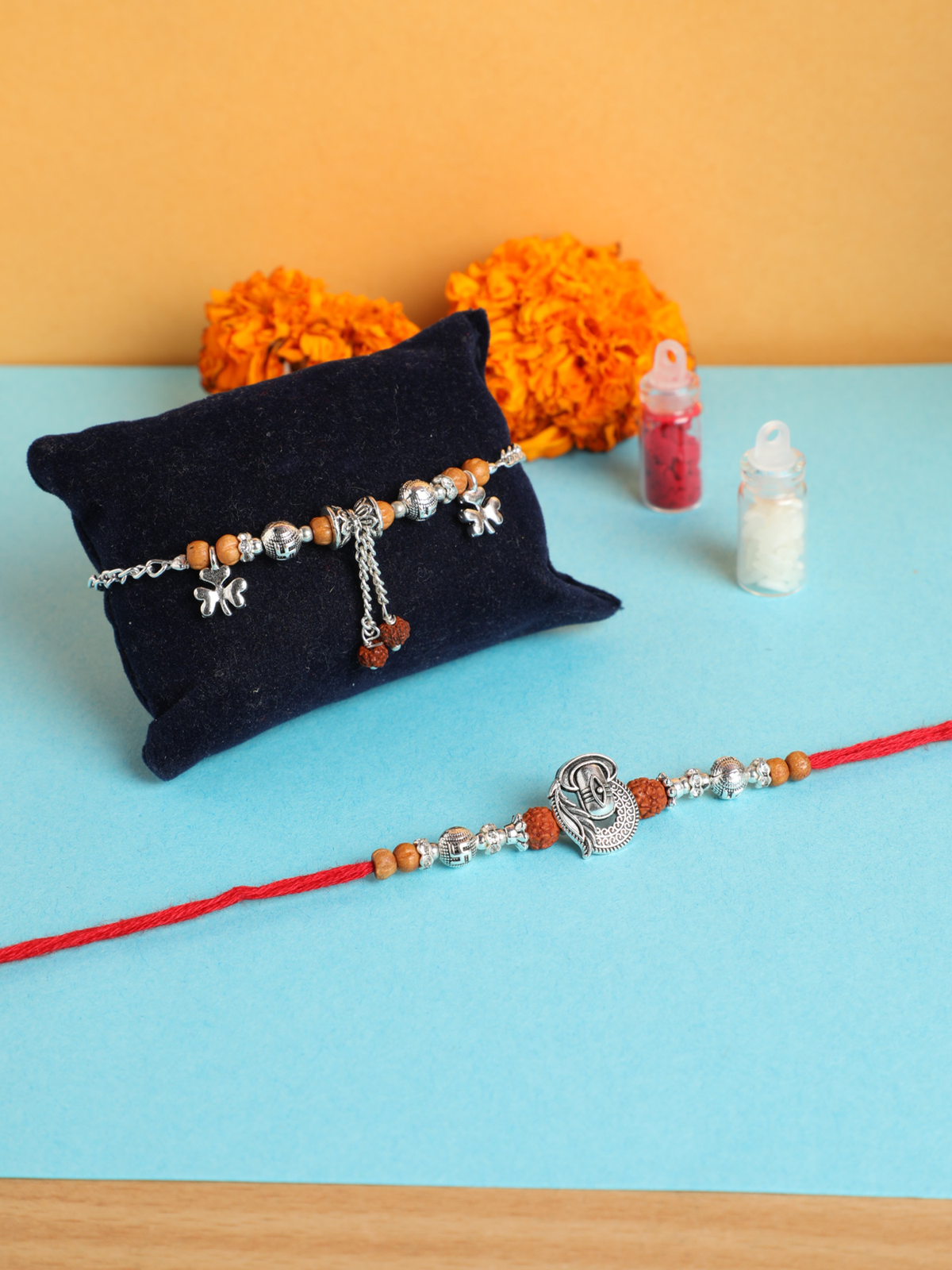Designer Silver Beads Couple Rakhi For Bhaiya Bhabhi