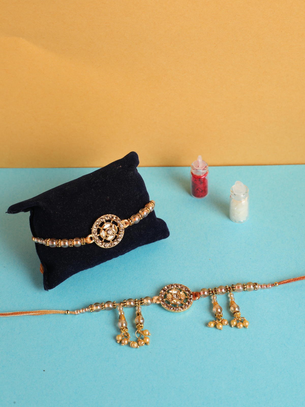 18k Gold Plated Cz Pearl Studed Designer Pair Rakhi