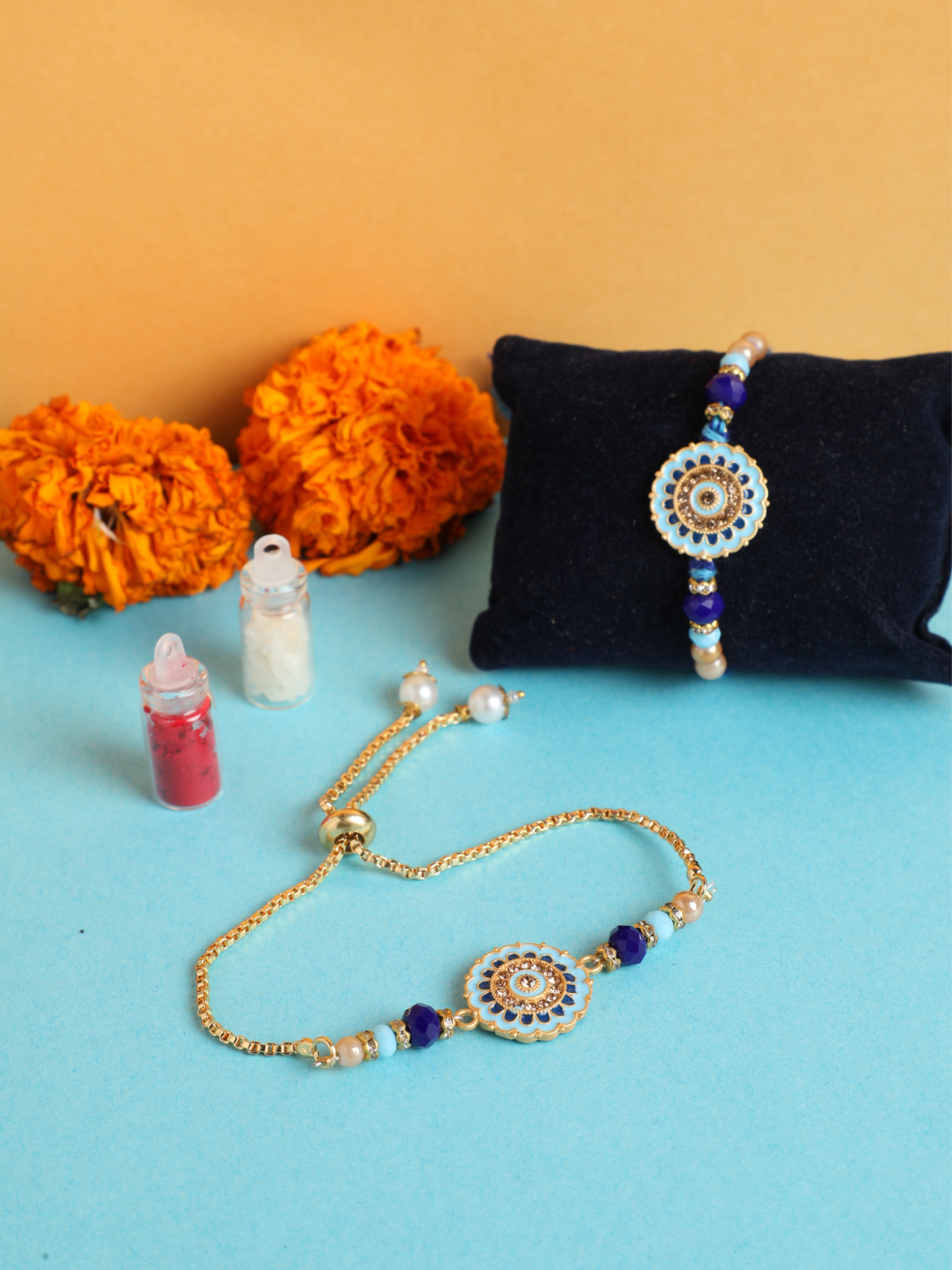 Handcrafted Blue Meenakari Pearl Work Pair Rakhi