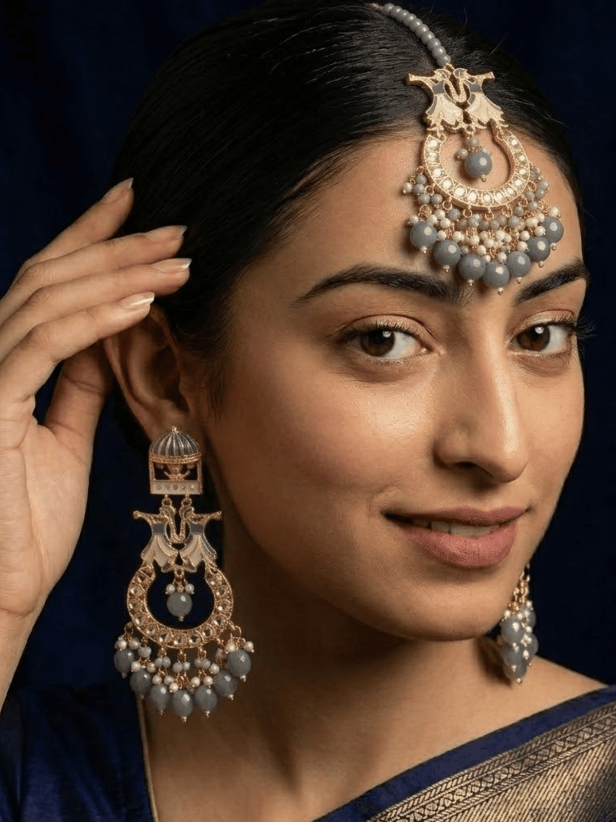 Grey Beaded Kundan Gold Plated Earring Maang Tikka Set