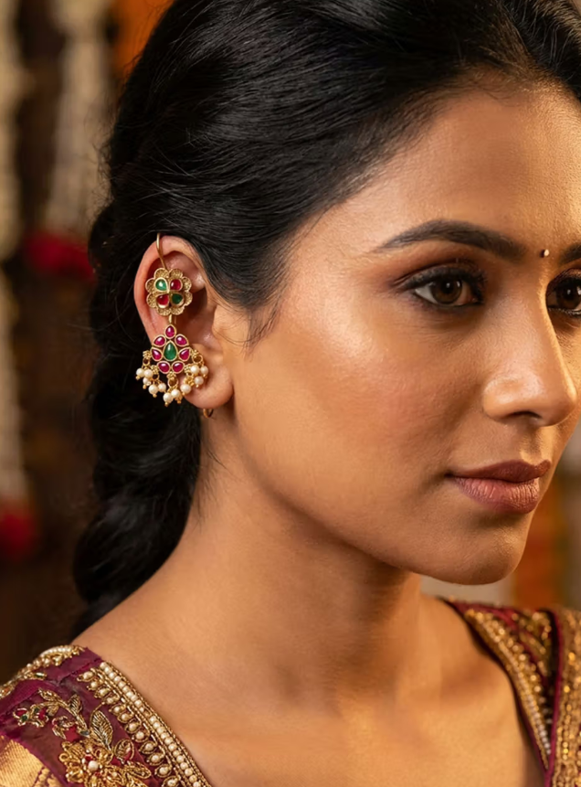 24K Gold Plated Floral Long Earrings with Red and Green Stone