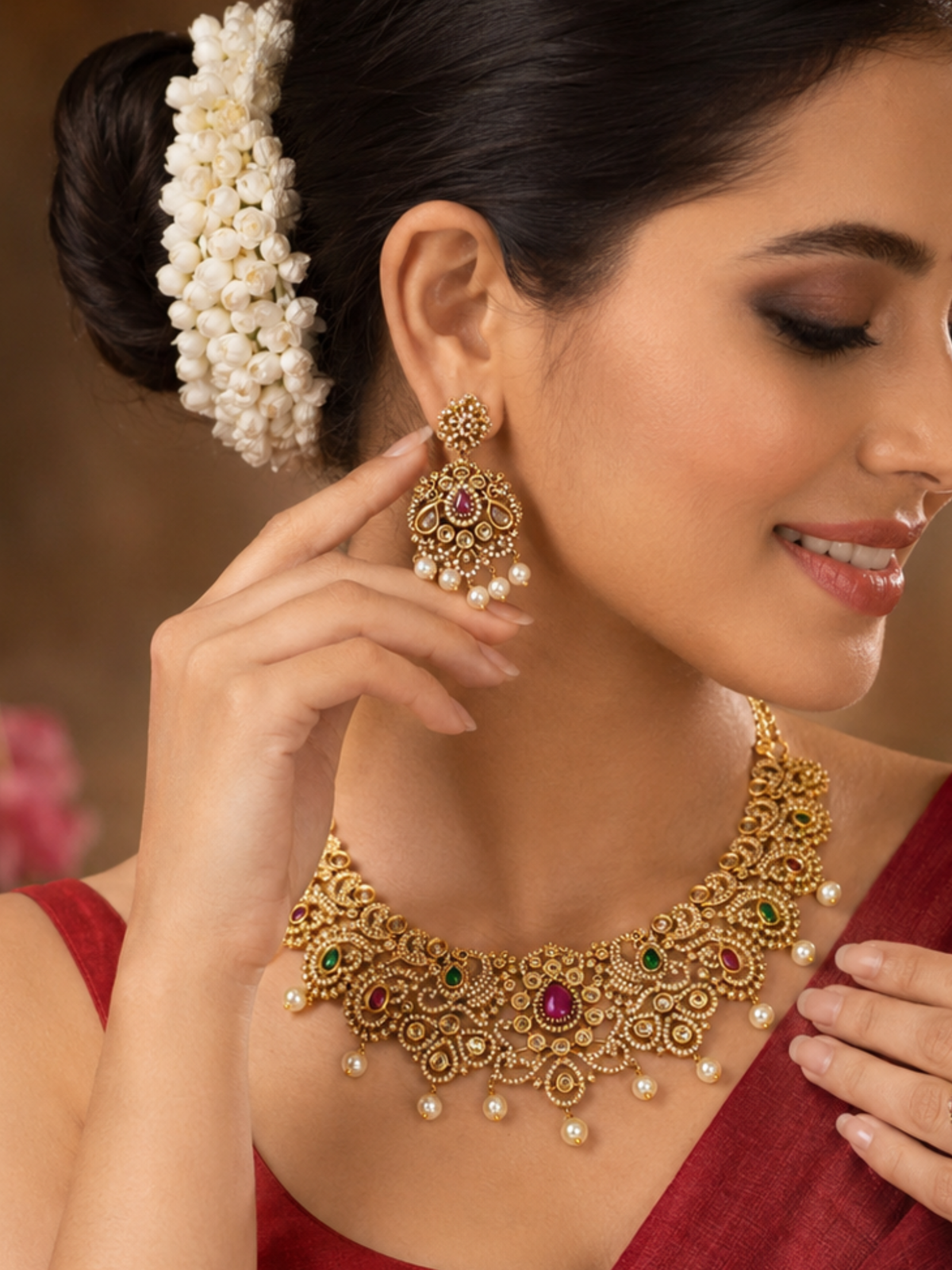 24K Gold-Plated Jewelry Set with Pearl, Pink and Emerald Stones, and Zircon Accents