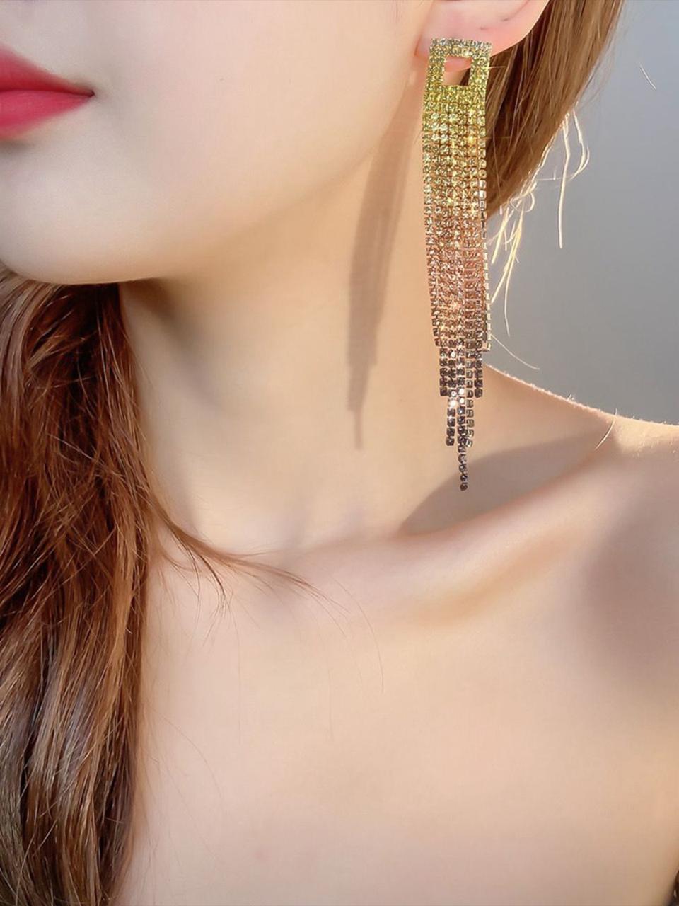 Golden Black and Yellow Rhinestone Long Dangler Earrings