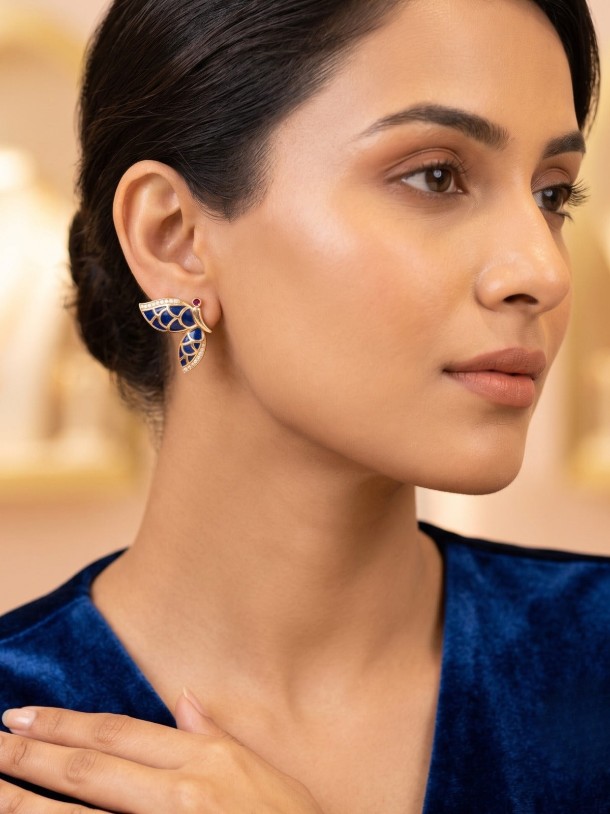 Matte Gold Plated Royal Blue and White AD Butterfly Earrings