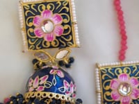 Dark Blue Nile Jewellery Kundan and Meenakari Set of Earring and Maangtikka - Jhumka Tikka