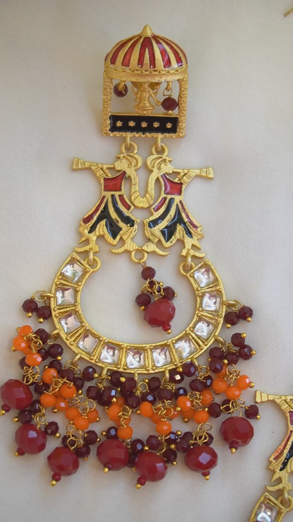 Royal Red Beaded Kundan Gold Plated Earring Maang Tikka Set - Stylish Maang Tikka With Earrings Set