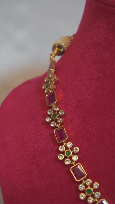 Red Stone Flower Necklace with Earrings - Gold Plated Necklace