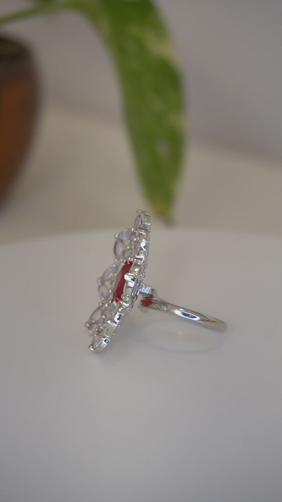 Stylish American Diamond Flower Shapped with Red Stone Studded Ring - Buy Rings For Women | Latest Women Ring Designs Online
