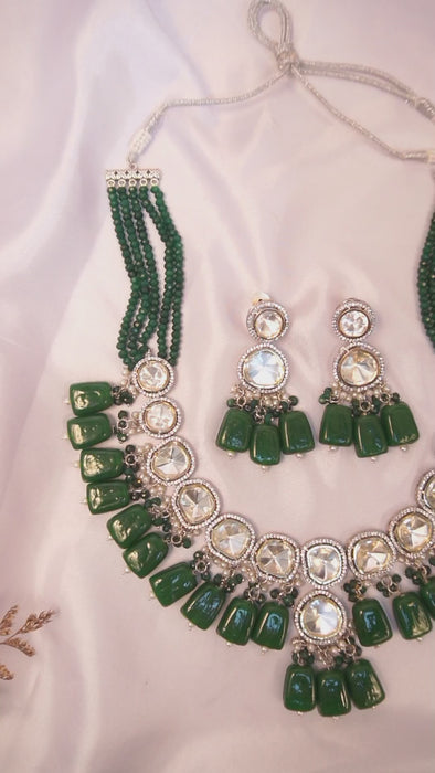 Green Kundan Polki Necklace Set With Designer Earrings-Polki Necklace Set