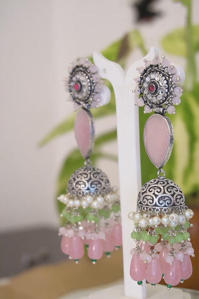 Carnation Pink Oxidized Jhumki Earring
