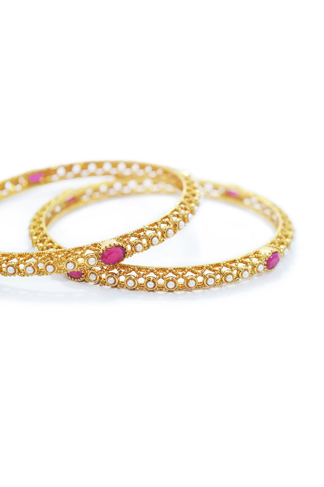 Ruby and Pearl Gold Plated Bangles for Women