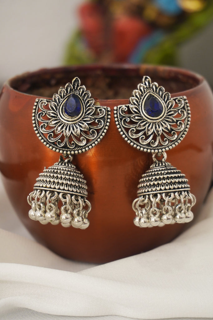 Blue Stone Oxidised Jhumki Earring Set - Jhumka Earrings