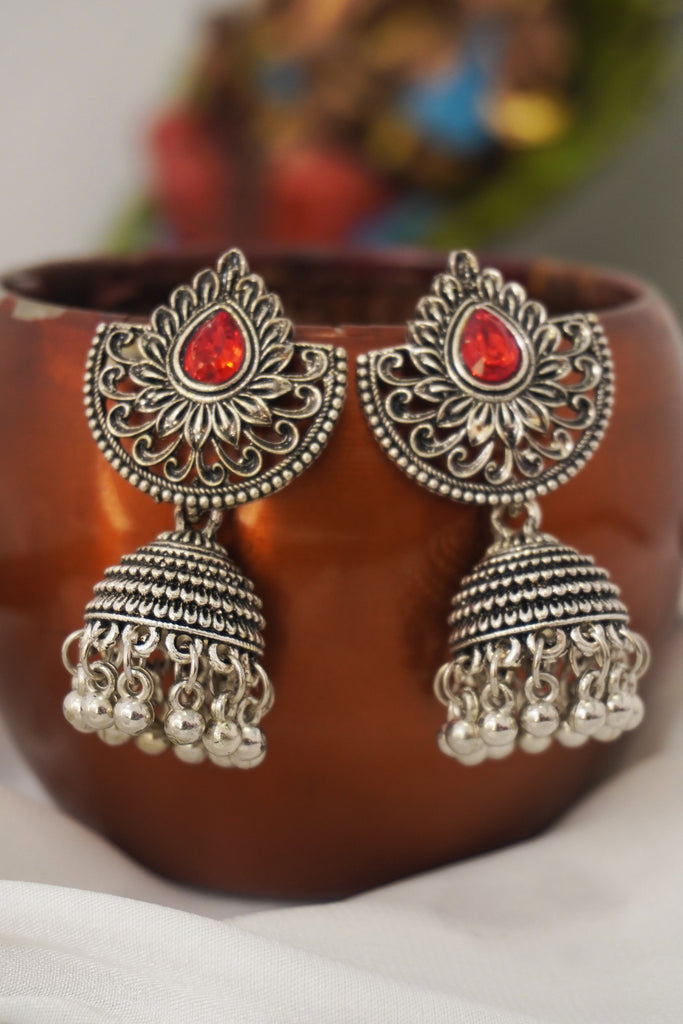 Red Stone Oxidised Jhumki Earring Set 