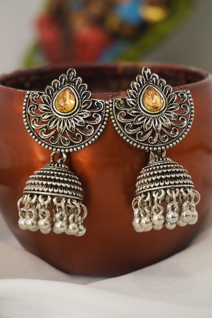 Yellow Stone Oxidised Jhumki Earring Set