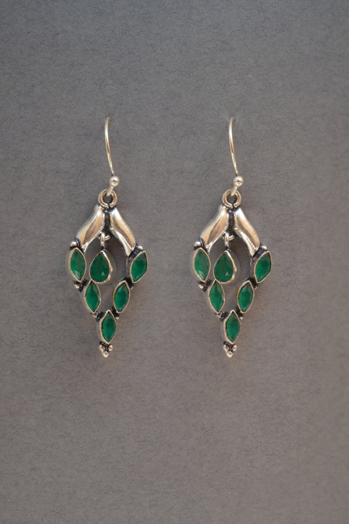 Green Stone Studded Silver Oxidized Dangler Earring - Earring Design