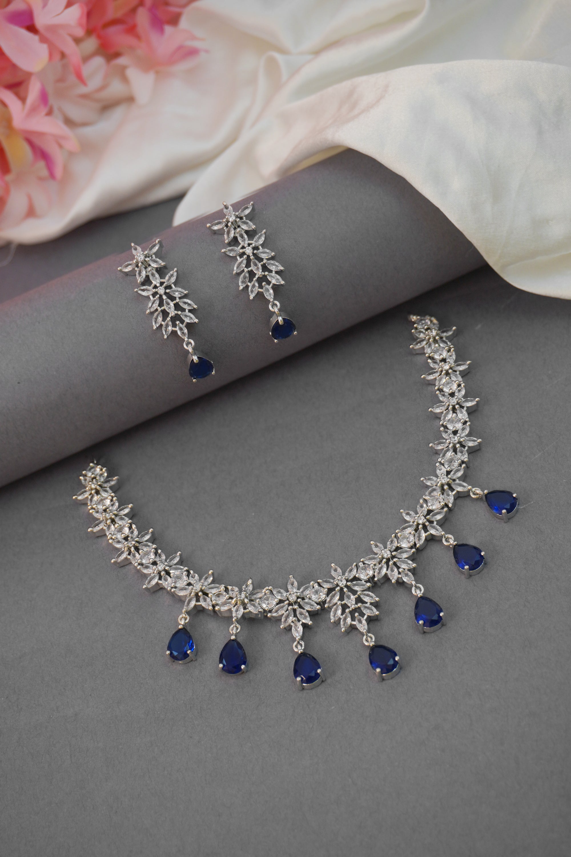 9ct Blue Sapphire and Diamond Heart Necklace in 18k White Gold