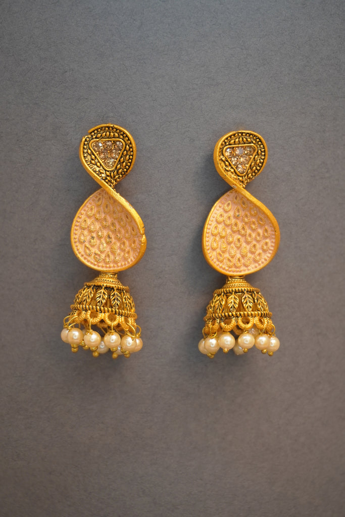 Light Pink & Gold Color Jhumki Earring Online 