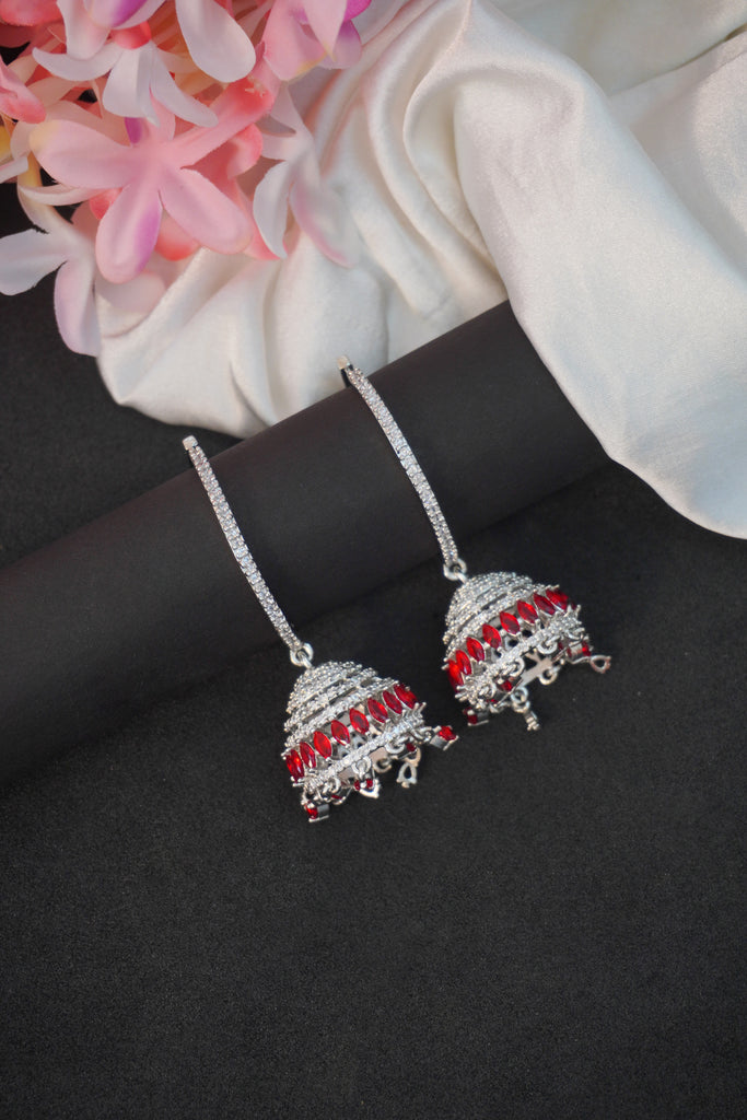 Cherry Red American Diamond Hoop Jhumka Earrings