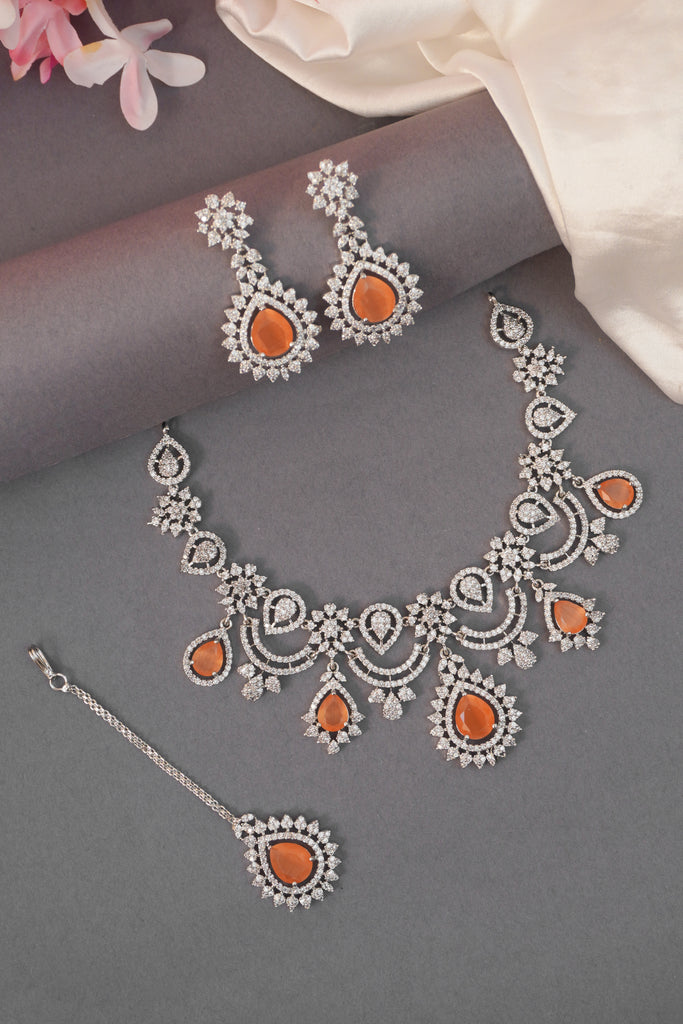 Tangerine American Diamond Necklace Set - Designer necklace