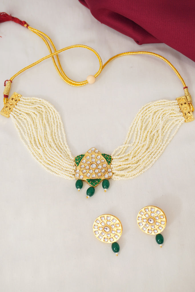 Handcrafted 18K Gold Plated Green Choker Necklace Set - Necklace set for Women - Bridal Jewellery set below 500