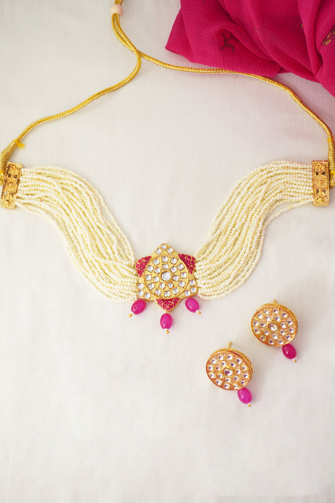 Handcrafted 18K Gold Plated Pink Choker Necklace Set - Necklace set for girls -Necklace for girls
