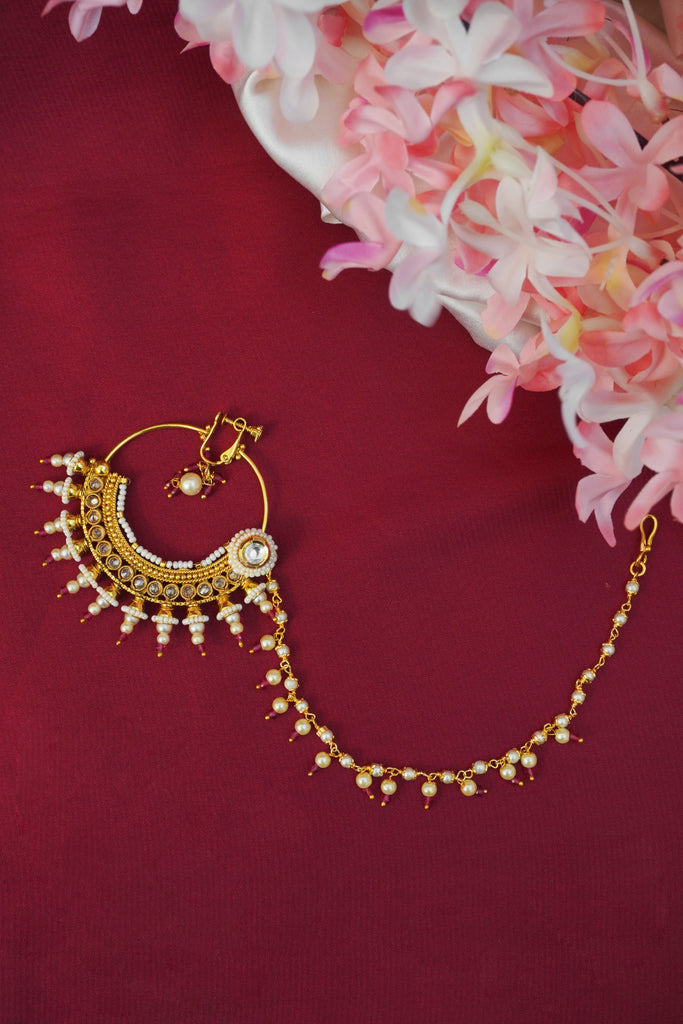 Pink Bead and Pearl 18K Gold Plated Nath - Marwadi Nathiya