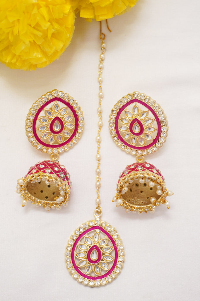 Pink Meenakari Earring and Maang Tikka Combo Set - Meenakari jewellery