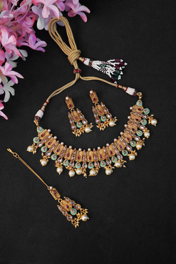 24K Gold Plated Necklace Set with Kundan Stones - Necklaces for Women