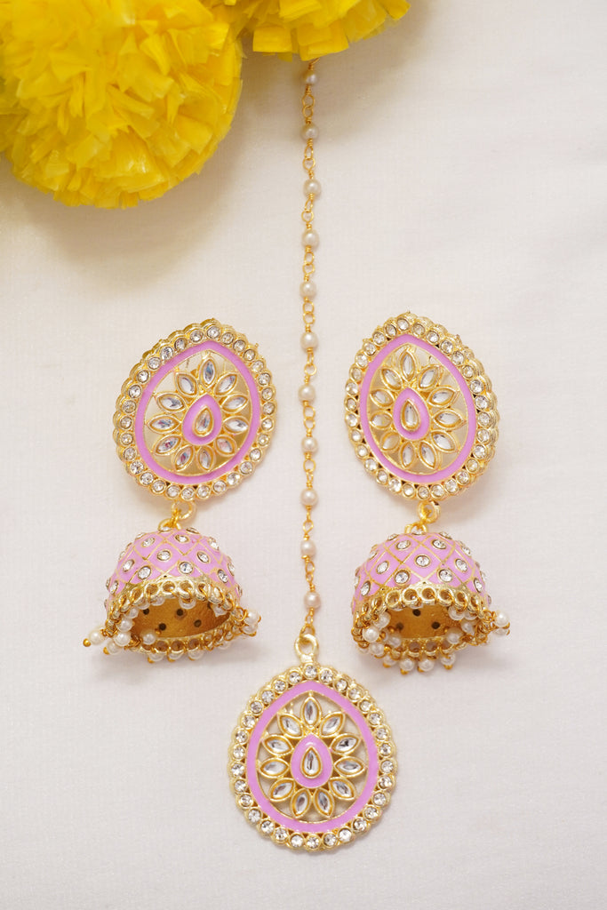 Gulabi Meenakari Kundan Jhumka Earrings and Maang Tikka Set - Buy Tikka Jewellery Earrings online