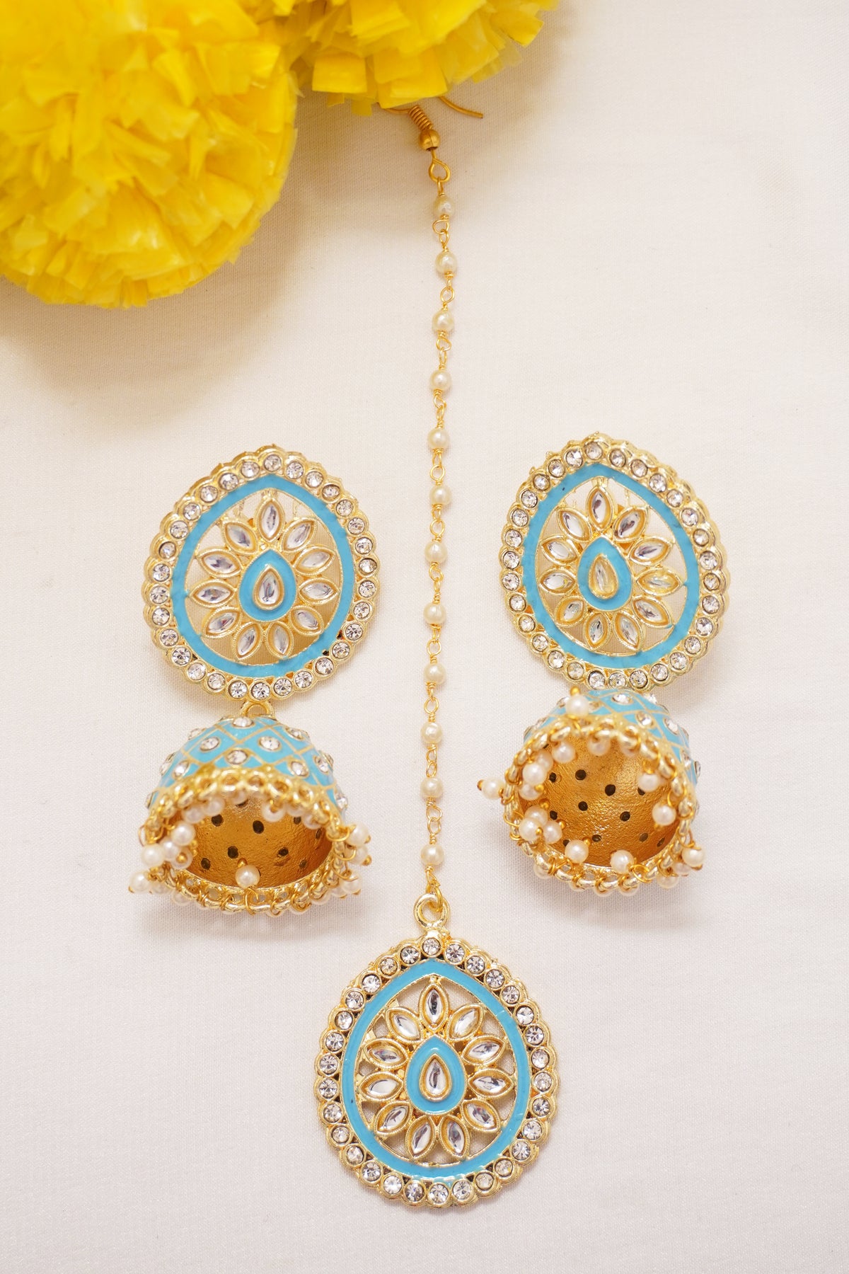Arctic Blue Meenakari Kundan Jhumka Earring and Maang Tikka Combo Set - Maang Tikka (मांग टीका)