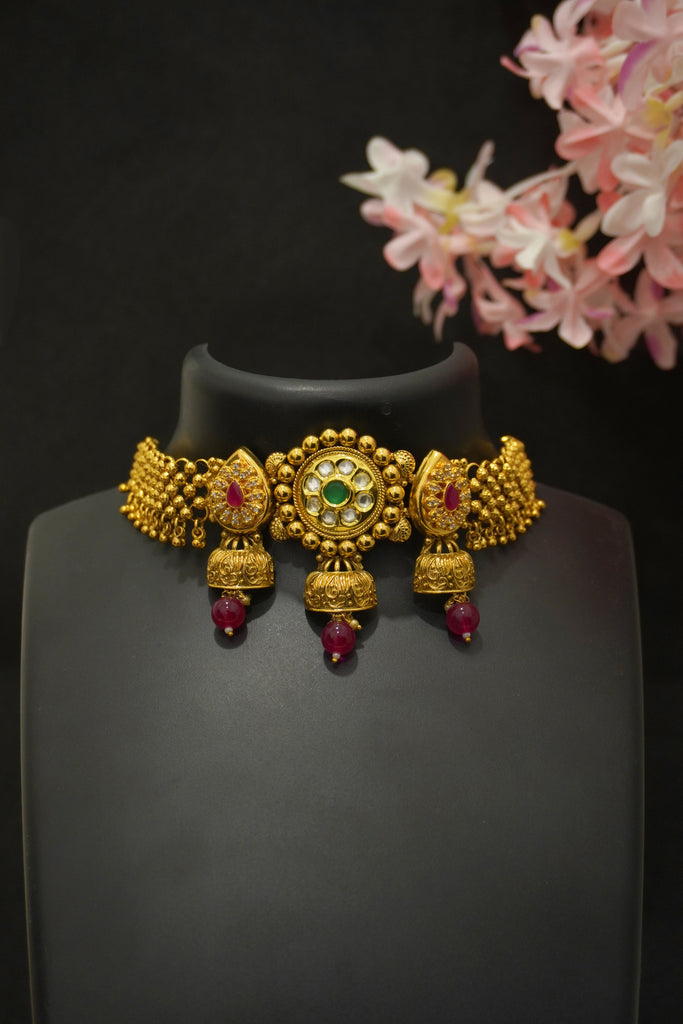 Choker Necklace Set with Green and Red Stones - Necklace Design