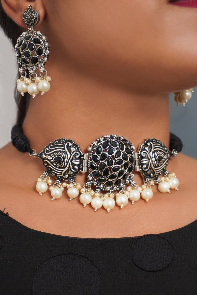 Black Oxidized Choker Necklace Set with Pearls - Choker Necklace Ke Design